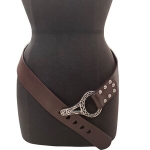 Chicos Leather Belt Dark Brown Silver Tone Ornate Buckle Women's L 34-38EUC